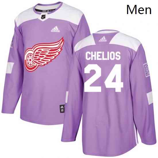 Mens Adidas Detroit Red Wings 24 Chris Chelios Authentic Purple Fights Cancer Practice NHL Jersey